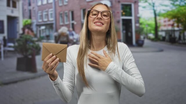 Woman holding a brown envelope and smiling on a cobbled city street with blurred buildings and trees; gratitude gift exchange.