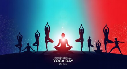 Obraz premium Happy yoga day celebrating wellness with silhouette yoga poses and vibrant colors