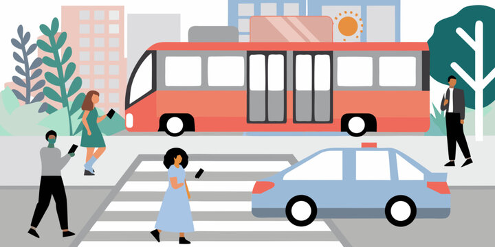 A red bus stops near a crosswalk with pedestrians and vehicles
