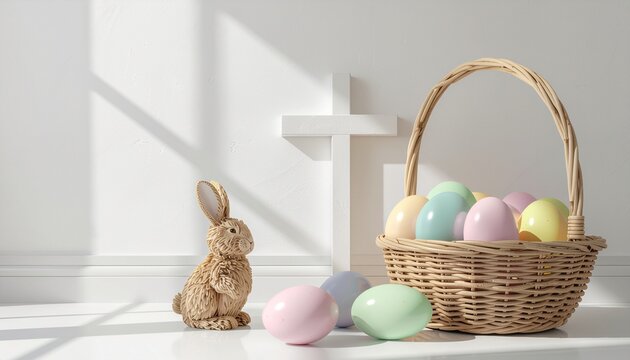 Easter basket with colorful eggs and a bunny, symbolizing renewal and celebration alongside a cross