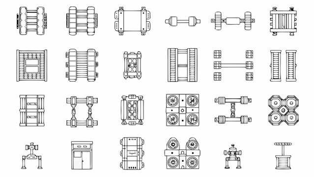 Technical blueprint displaying various train components and mechanical parts