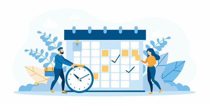 Team collaborating on scheduling and task management with a large calendar
