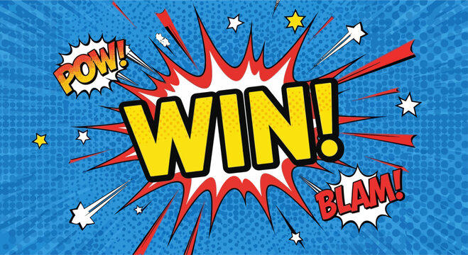 Comic style explosion with the word WIN in bold yellow letters.