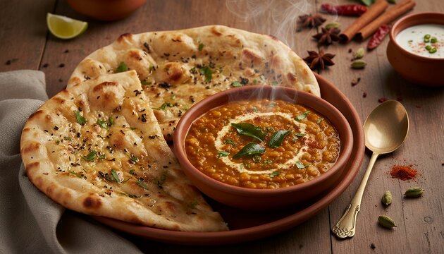 Naan bread with spicy curry on wooden table