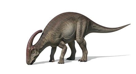 Fototapeta premium Realistic illustration of a Parasaurolophus dinosaur with its distinctive cranial crest, isolated on a white background.