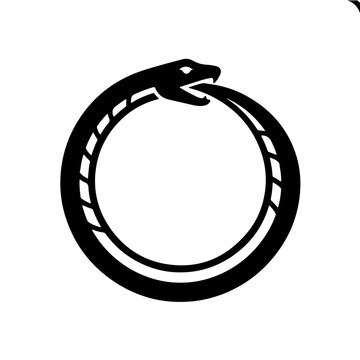 illustration of the ancient Ouroboros symbol. This minimalist design represents eternity, infinity, and the cyclical nature of life through a sleek black and white serpent aesthetic.
