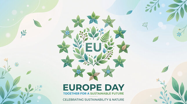 European union logo surrounded by leaves and floral elements for europe day