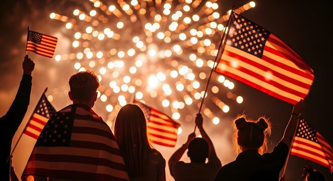 People celebrating with american flags watching fireworks display at night, symbolizing patriotism and national holidays like fourth of july