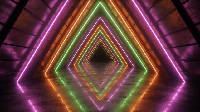 "Futuristic tunnel of glowing neon triangular frames with reflective floor, symbolizing symmetry, motion, and sci‑fi immersion"
