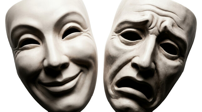 Comedy and tragedy masks isolated PNG on transparent background, theatrical drama symbols representing happy and sad emotions