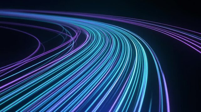 "Curved glowing blue, cyan, and purple light trails against dark background, symbolizing speed, technology, and connectivity"