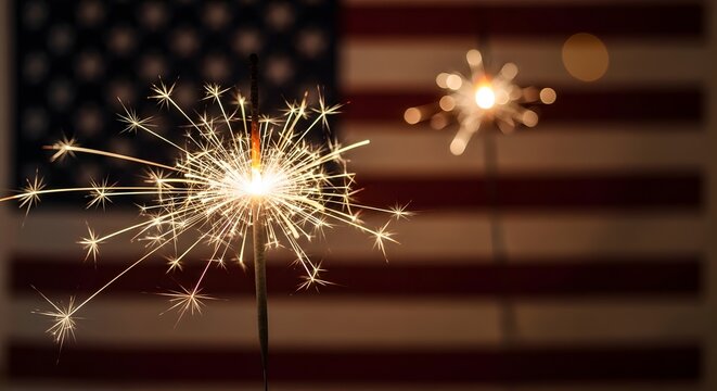 Bright glowing sparklers burning against a blurred american flag background, celebration of independence day