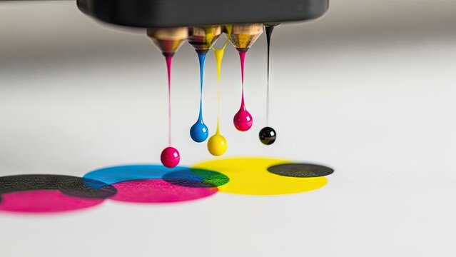 Inkjet printer head dispensing colorful droplets onto white surface