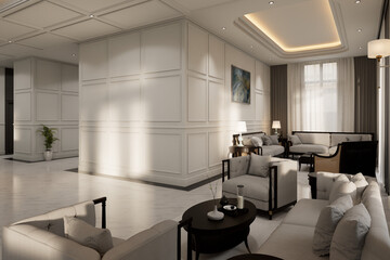 Fototapeta premium 3D Rendering interior design Luxurious hotel reception area, white marble flooring, and classic European-inspired decor, creating a refined and welcoming atmosphere.