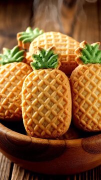 Pineapple-Shaped Cookies in Wooden Bowl - A close-up view of a wooden bowl filled with freshly baked cookies shaped like pineapples.