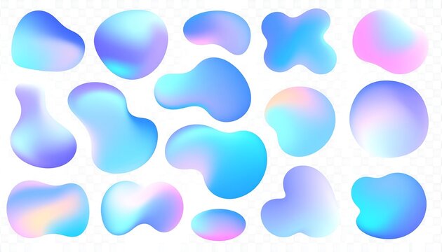 Collection of abstract, fluid, iridescent shapes in shades of blue and pink