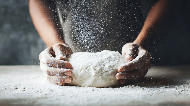 Artisanal bread making: Hands kneading flour dough, creating a culinary masterpiece with flour dust, ideal for bakery promotions.