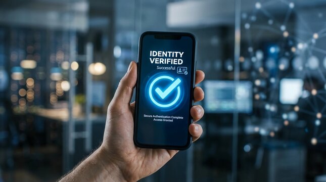 Digital identity verification on a smartphone with a glowing checkmark confirming successful authentication in a modern office environment