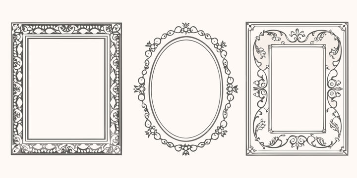 Three ornate vintage frames arranged in a horizontal row on white