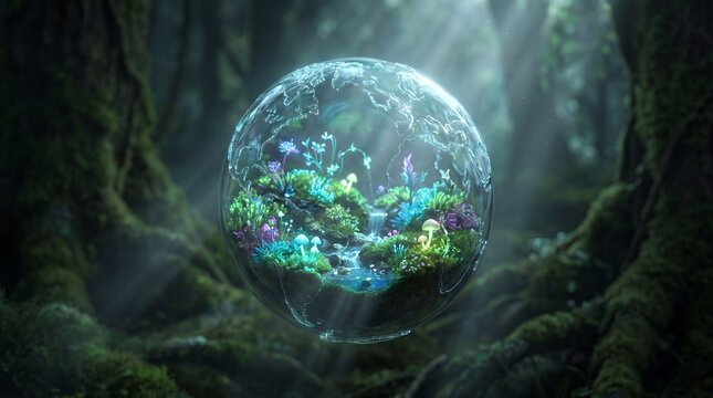 A glowing glass globe with a miniature colorful forest and waterfall inside on a mossy background