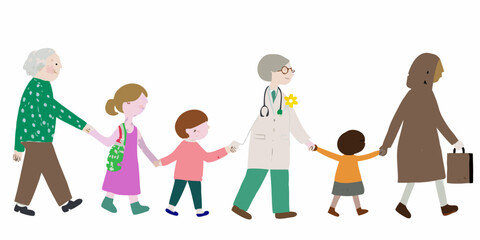 Obraz premium A diverse group of people including a doctor hold hands in a line