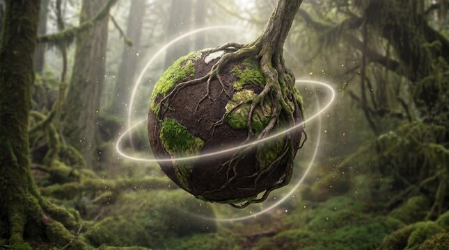 Earth from forest with moss covered trees and roots. Sustainable planet concept