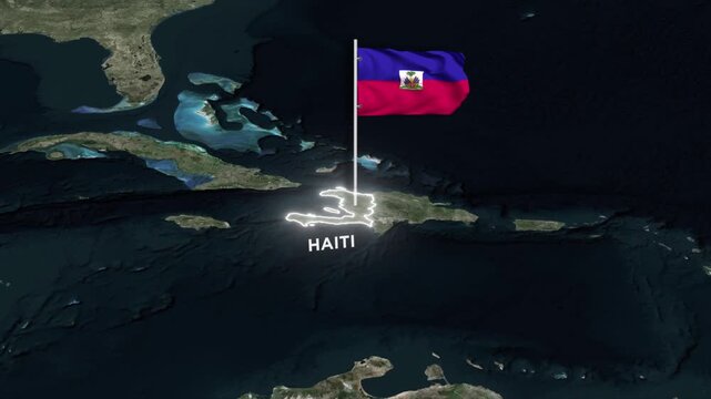 Haiti Map Animation and 3D Waving of Haiti National Flag and Glowing Border Animation on World Map