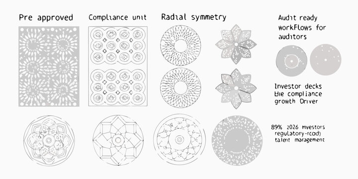 Collection of grayscale geometric patterns and text regarding compliance workflows
