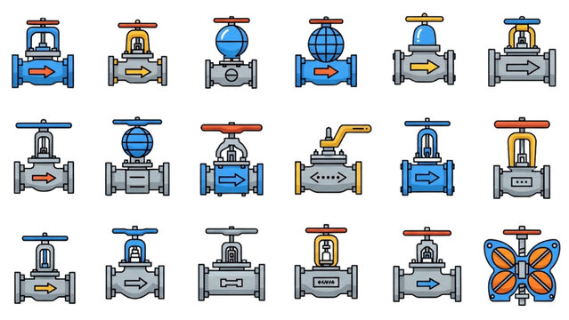 Industrial Valve Vector Icon Set: Gate Valves, Ball Valves, and Steam System Components, Colorful Flat Design for Piping and Engineering Graphics