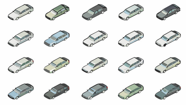 Isometric illustration displaying a collection of various car models