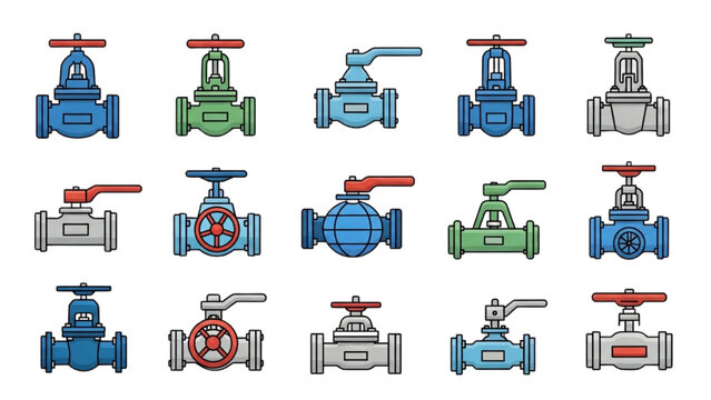 Industrial Valve Vector Icon Set: Gate Valves, Ball Valves, and Steam System Components, Colorful Flat Design for Piping and Engineering Graphics