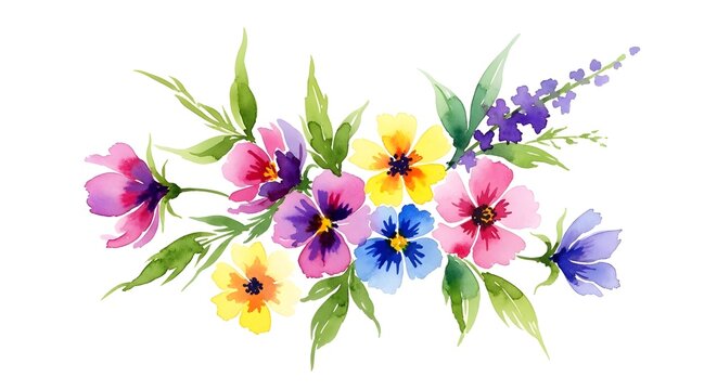 Watercolor flowers, colorful floral arrangement, panies and lavender, green leaves