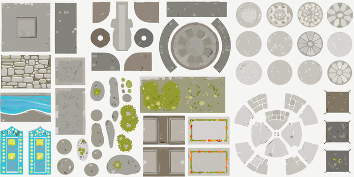 Overhead view of various stylized game tiles and textures arranged neatly