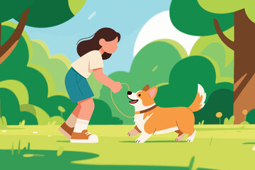 Fototapeta premium Cartoon person playing with corgi dog in park with grass, trees, and bright blue sky.