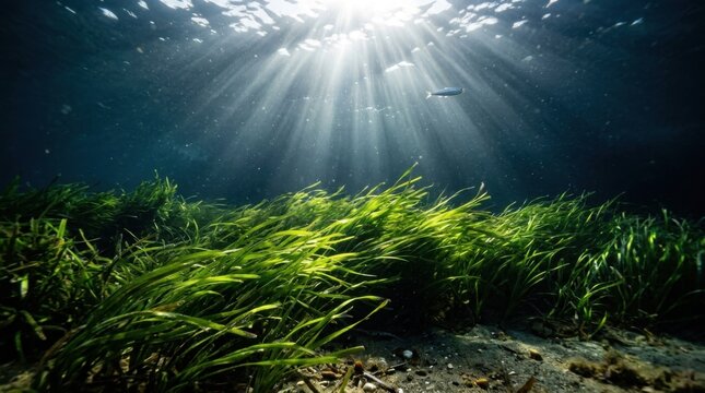 Underwater view of sunlight rays piercing through green seagrass meadow