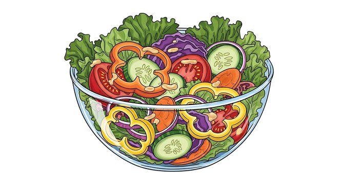 Colorful illustration of a large bowl filled with mixed salad vegetables