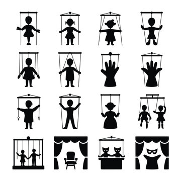 Set of 16 Black Silhouette Puppet and Marionette Icons