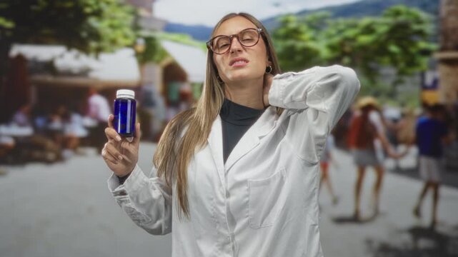Young woman in white lab coat holding blue medicine bottle with hand on neck, wearing glasses, posed on a busy street; health concern.