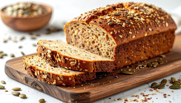 Loaf of multigrain bread, sliced and topped with seeds, on a wooden cutting board