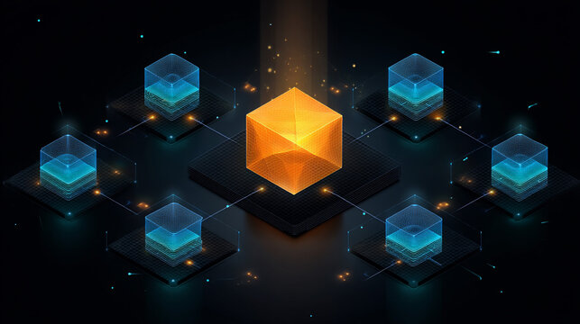 Futuristic 3D isometric data network with glowing central cube and connected modules on dark background, technology concept.