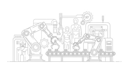 Obraz premium Automated Factory Production Line with Robotic Arms and Conveyor Belt.