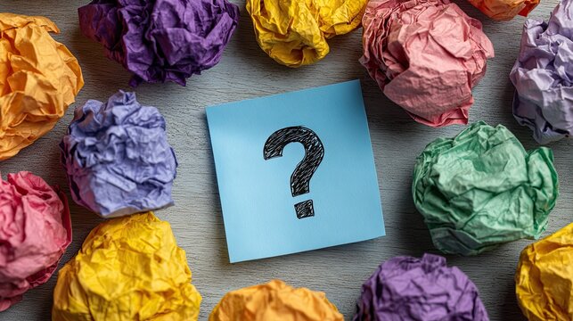 Question mark sticky note with colorful crumpled paper balls on wood table, confusion doubt thinking decision concept background