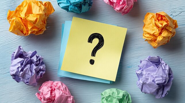 Question mark sticky note with colorful crumpled paper balls on wood table, confusion doubt thinking decision concept background