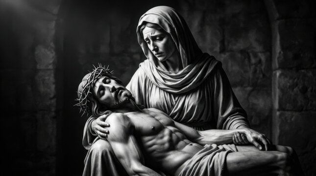 Detailed statue of the Virgin Mary holding the body of Christ at the cross