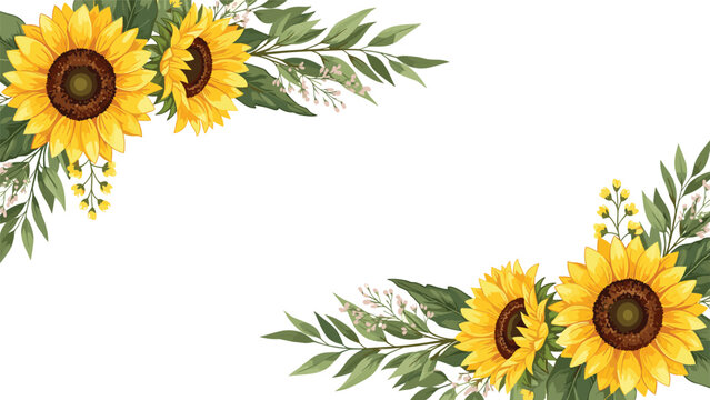 Elegant floral border design with bright yellow sunflowers and green leaves in two opposite corners on a white background for invitations.