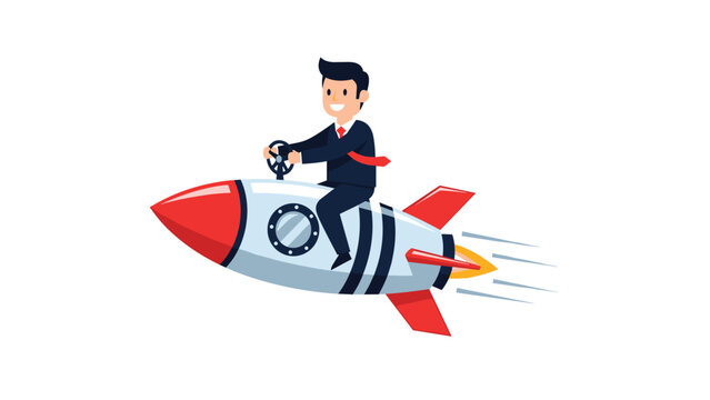Successful businessman riding a fast moving rocket ship represents rapid career growth, startup success, and achieving ambitious professional goals.