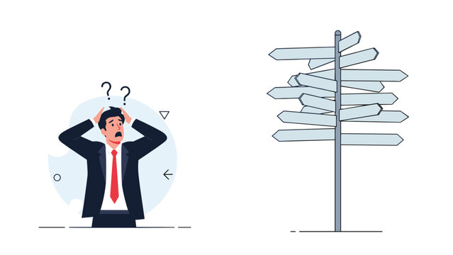 Worried businessman standing near a complex signpost with many arrows pointing in different directions represents career confusion and indecision.
