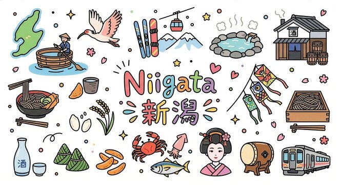 新潟の観光と文化をテーマにしたかわいいフラットイラストアイコンセット（自然・食・名所・四季）