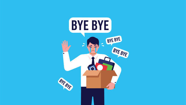 Crying businessman carrying a box of office supplies surrounded by bye bye speech bubbles depicts a sad departure from his current job.