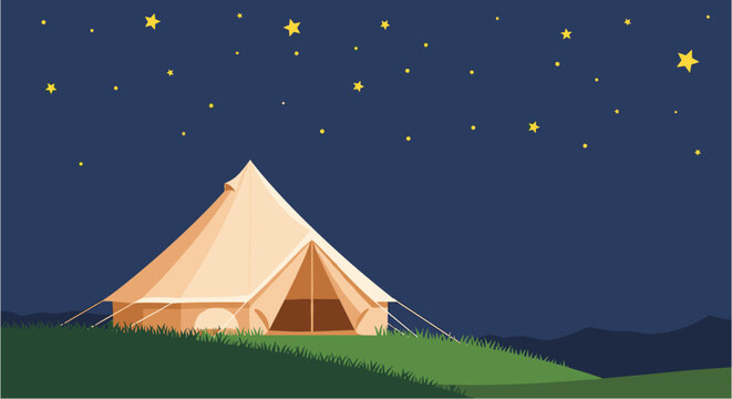 A serene bell tent stands on a grassy hill under a vast, star-filled night sky, evoking a sense of peaceful outdoor adventure and camping.